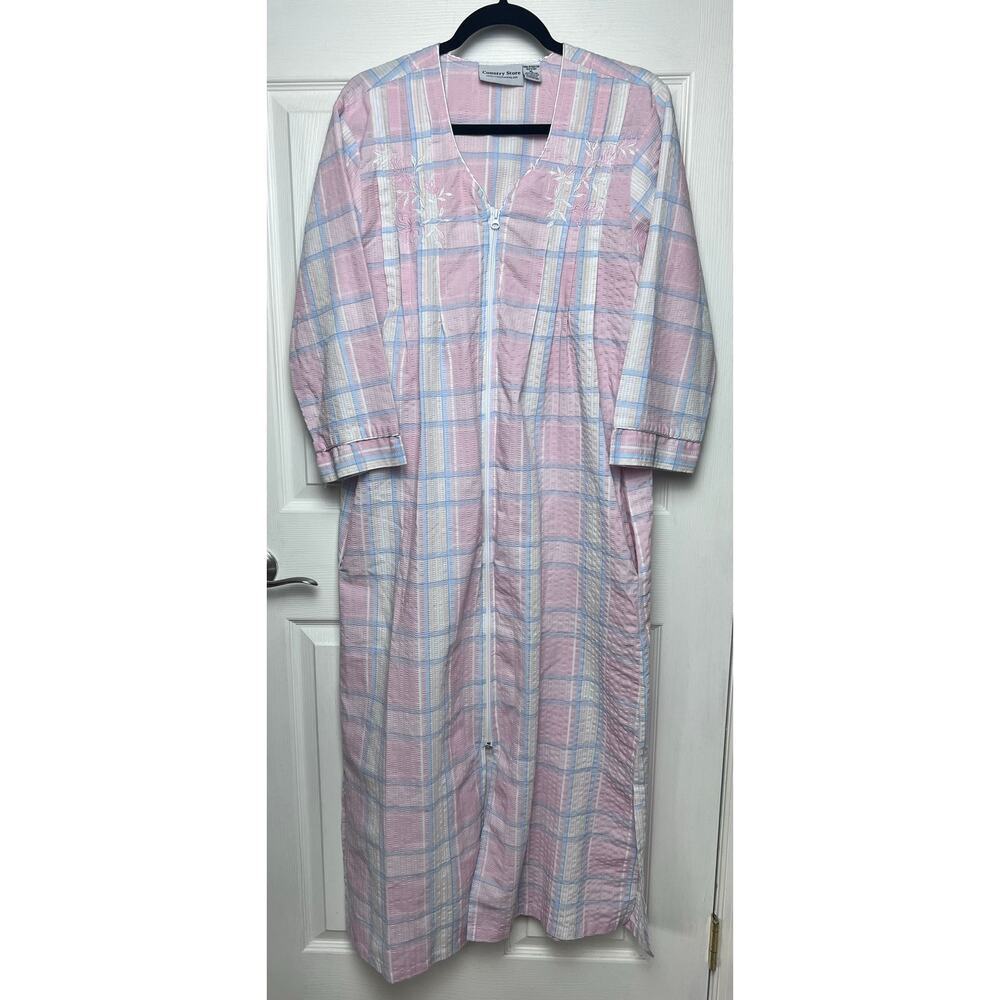 Country Store Women's Full Zip 3/4 Sleeve Duster House Coat Pockets Pink Plaid L